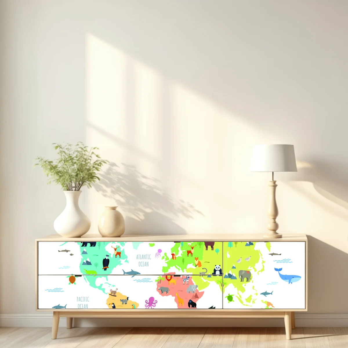 Repositionierbarer Aufkleber illustrierte weltkarte mit tieren für kinder Repositionierbarer Aufkleber illustrierte weltkarte mit tieren für kinder