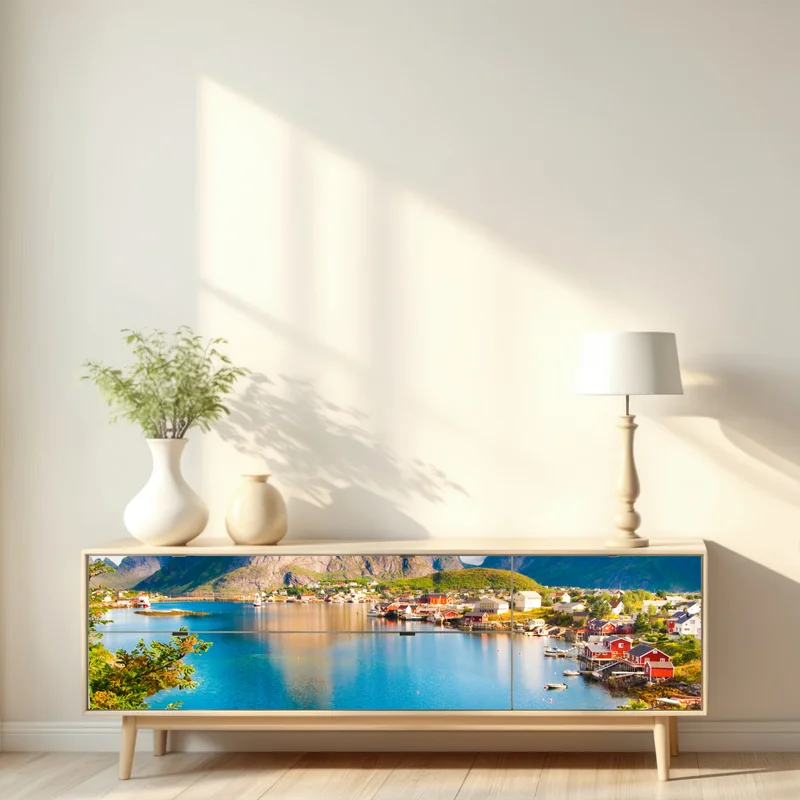 Repositionierbarer Aufkleber ruhiges fjorddorf mit bergen und spiegelungen