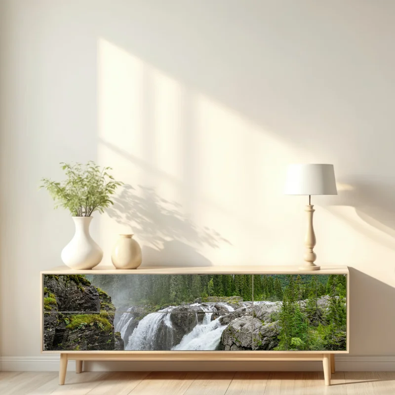 Repositionierbarer Aufkleber nebliger wasserfall im dichten kiefernwald