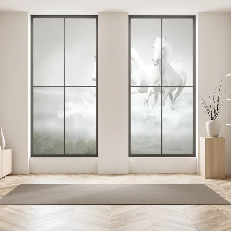 Naklejka na okno trzy białe konie galopujące przez wodę