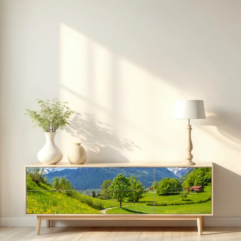 Repositionierbarer Aufkleber alpine frühlingswiese mit schneebedeckten gipfeln