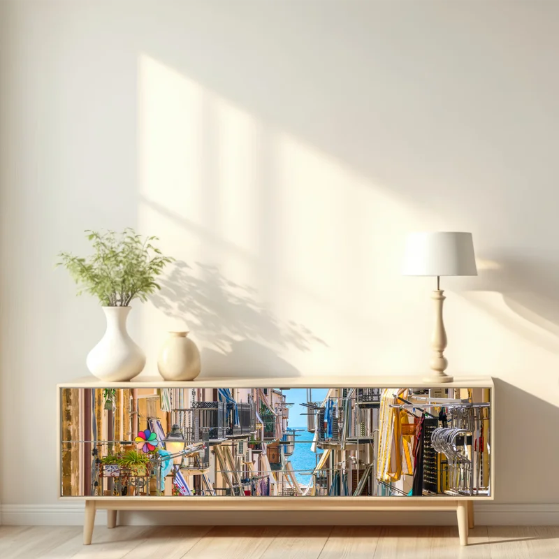 Repositionierbarer Aufkleber sonnige gasse mit meerblick und balkonen