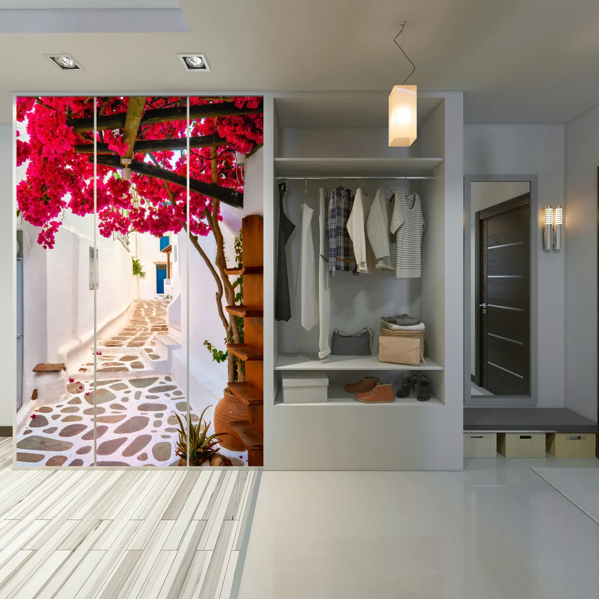 Schrankaufkleber sonnige gasse in Griechenland mit bougainvillea Schrankaufkleber sonnige gasse in Griechenland mit bougainvillea