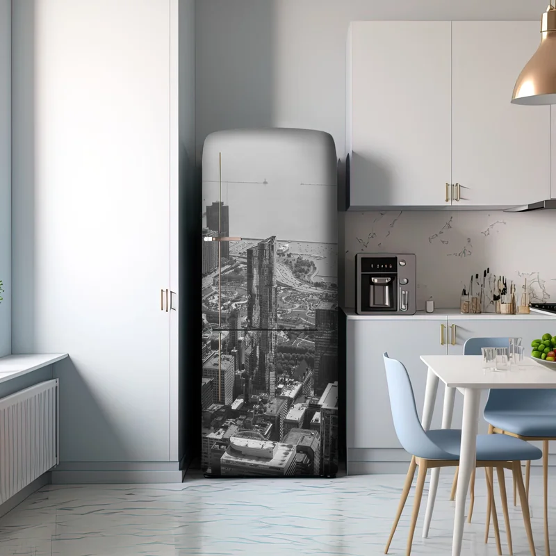 Kühlschrankaufkleber schwarzweißes stadtpanorama am ufer
