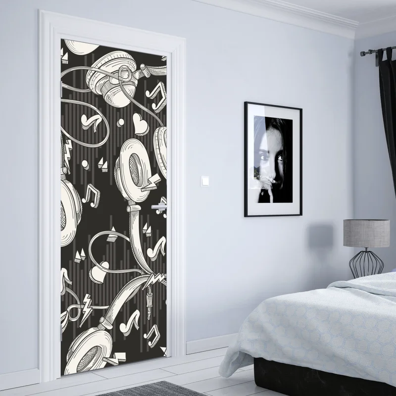 Türaufkleber monochromatisches muster mit kopfhörern und noten