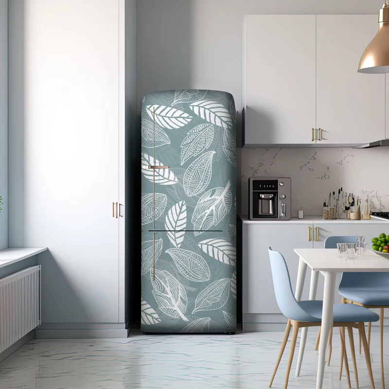 Kühlschrankaufkleber handgezeichnetes blättermuster auf türkisfarbenem hintergrund Kühlschrankaufkleber handgezeichnetes blättermuster auf türkisfarbenem hintergrund