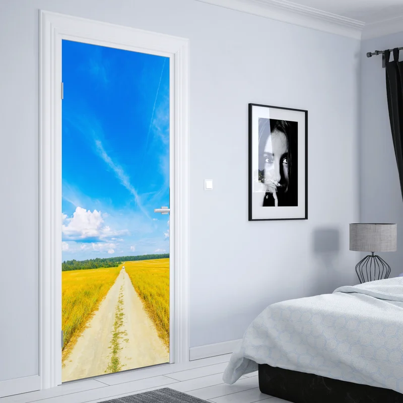 Türaufkleber goldene wiese unter weitem blauem himmel