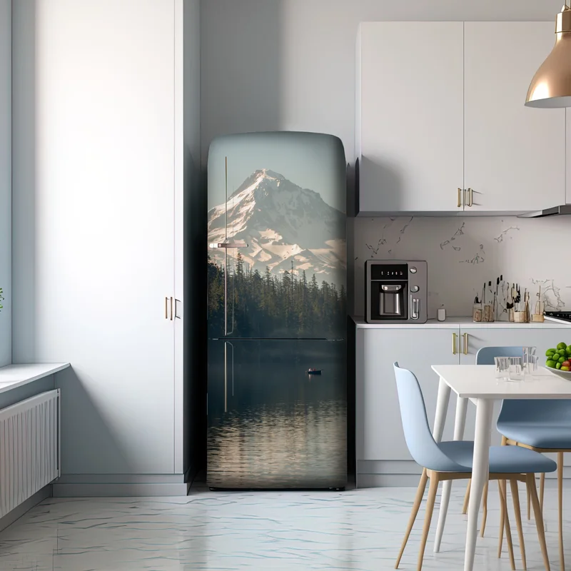 Kühlschrankaufkleber schneebedeckter berg über ruhigem see