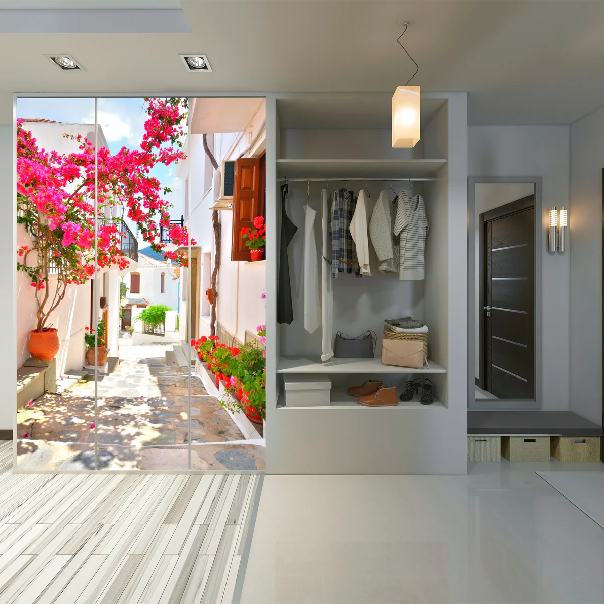 Schrankaufkleber sonnige mediterrane gasse mit bougainvillea Schrankaufkleber sonnige mediterrane gasse mit bougainvillea