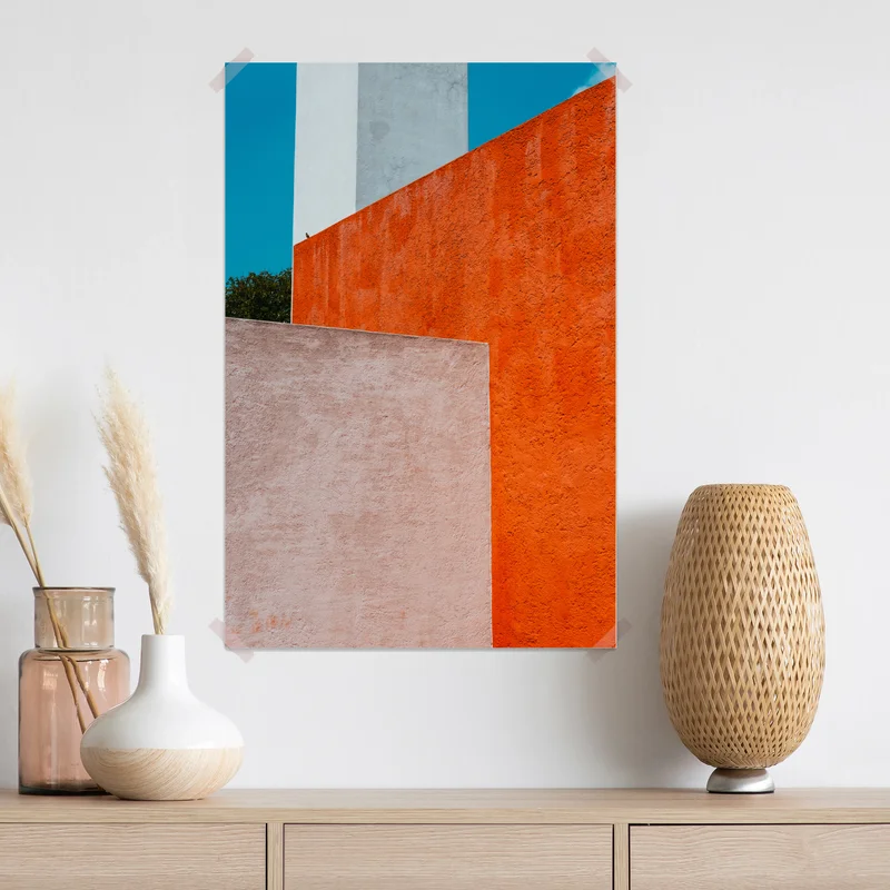 Poster mutige geometrische fassade in orange und türkis Poster mutige geometrische fassade in orange und türkis