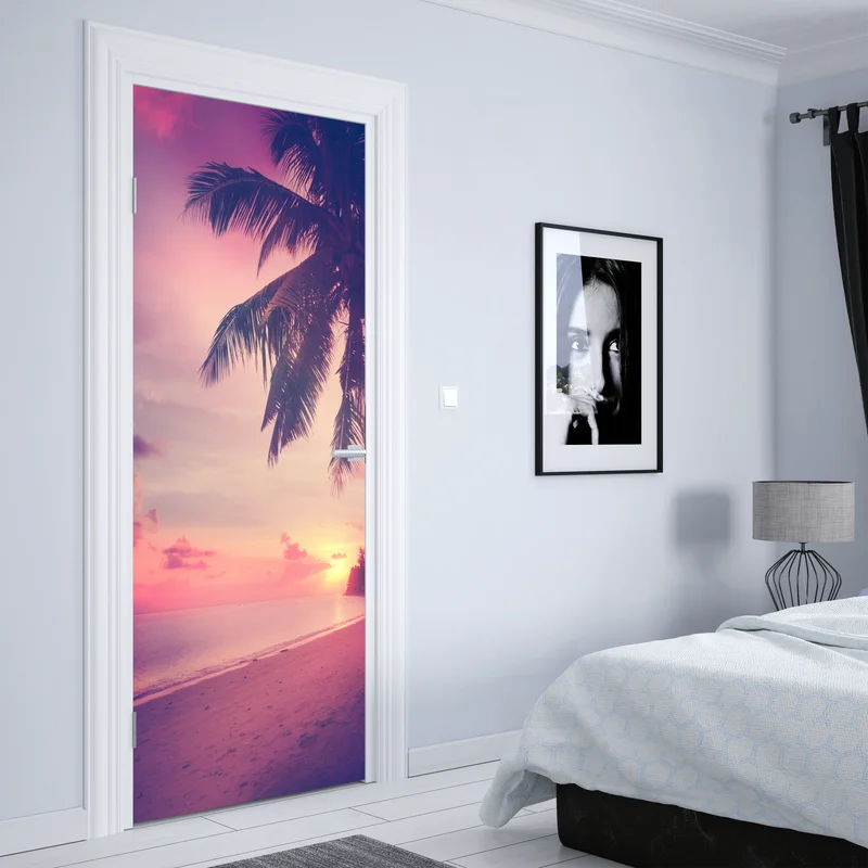 Türaufkleber tropischer sonnenuntergang am strand
