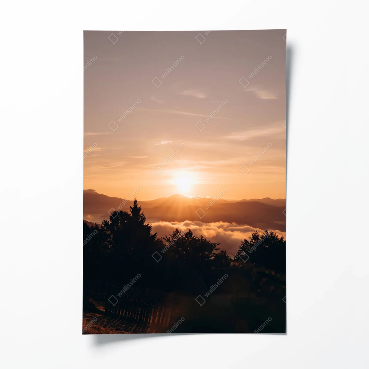 Poster Dieses atemberaubende Foto fängt einen goldenen Sonnenaufgang ein, der über einer ruhigen Berglandschaft aufgeht, während die Sonnenstrahlen sanft den Nebel erhellen, der in den Tälern darunter hängt. Die Silhouetten der Bäume im Vordergrund verleihen Tiefe und Kontrast • Poster bei Wallnifity® Poster Dieses atemberaubende Foto fängt einen goldenen Sonnenaufgang ein, der über einer ruhigen Berglandschaft aufgeht, während die Sonnenstrahlen sanft den Nebel erhellen, der in den Tälern darunter hängt. Die Silhouetten der Bäume im Vordergrund verleihen Tiefe und Kontrast • Poster bei Wallnifity®