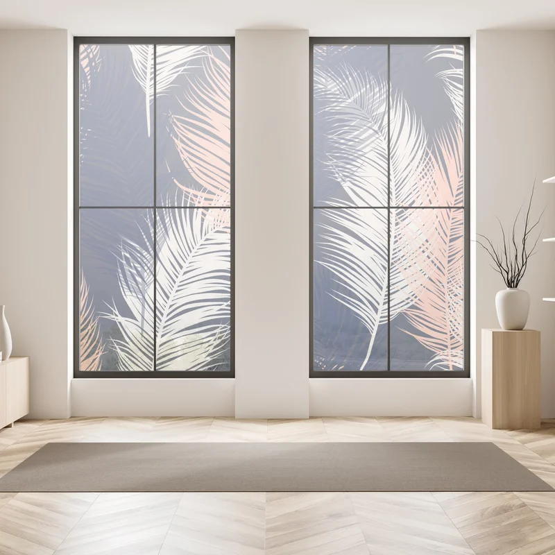 Naklejka na okno wzór z piórami w granacie i różu