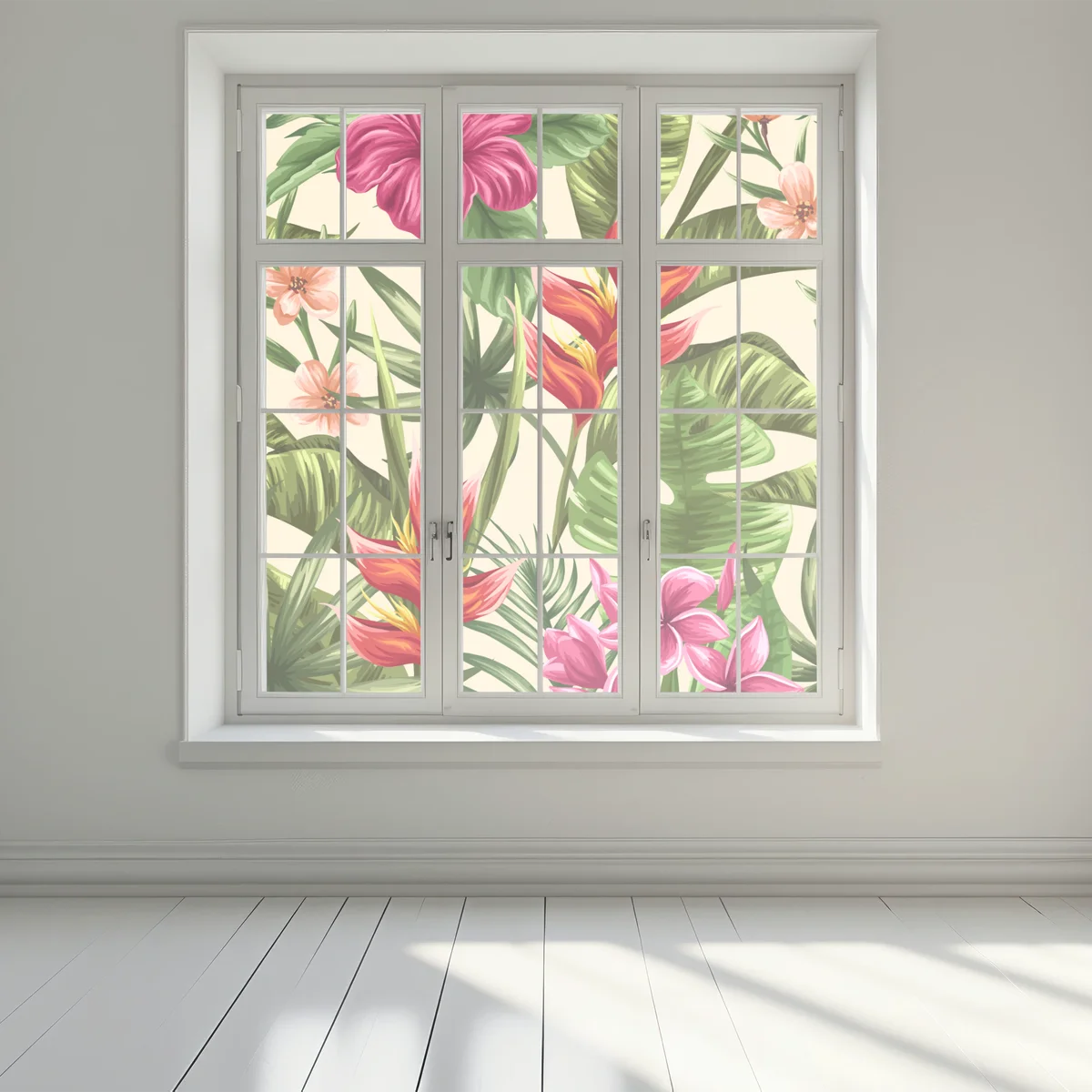 Naklejka na okno tropikalny wzór kwiatowy z hibiskusem i plumerią Naklejka na okno tropikalny wzór kwiatowy z hibiskusem i plumerią