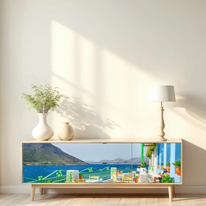 Repositionierbarer Aufkleber sonnige terrasse am meer mit küstenblick