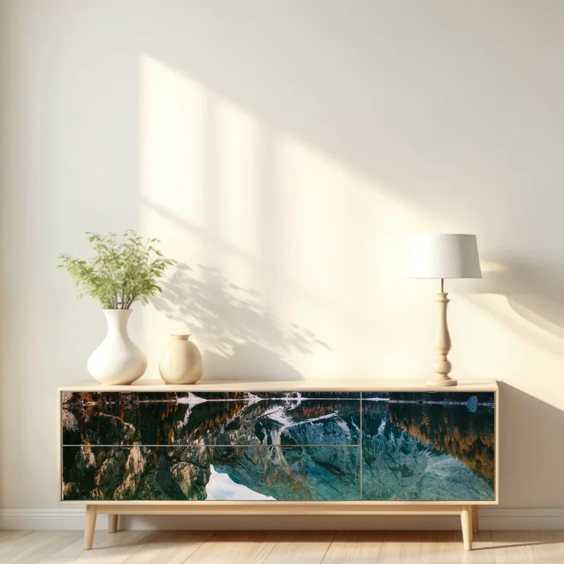 Repositionierbarer Aufkleber ruhiger alpensee mit hölzernem steg