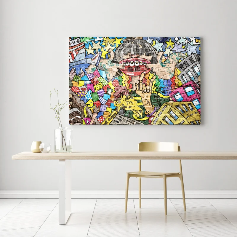 Leinwandbild buntes graffiti-mural mit verspielter figur Leinwandbild buntes graffiti-mural mit verspielter figur