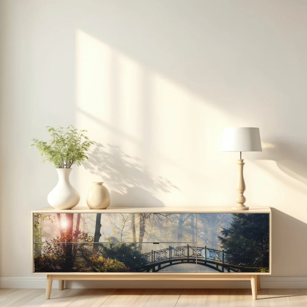 Repositionierbarer Aufkleber neblige herbstbrücke mit schwan Repositionierbarer Aufkleber neblige herbstbrücke mit schwan