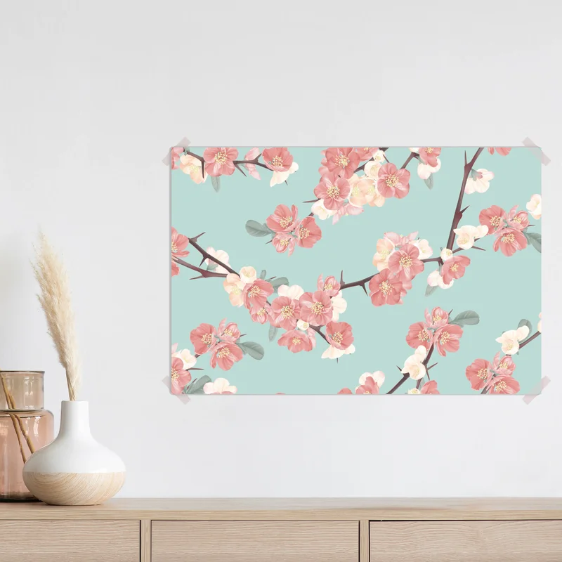 Poster pastelliges kirschblütenmuster auf mintfarbenem hintergrund Poster pastelliges kirschblütenmuster auf mintfarbenem hintergrund