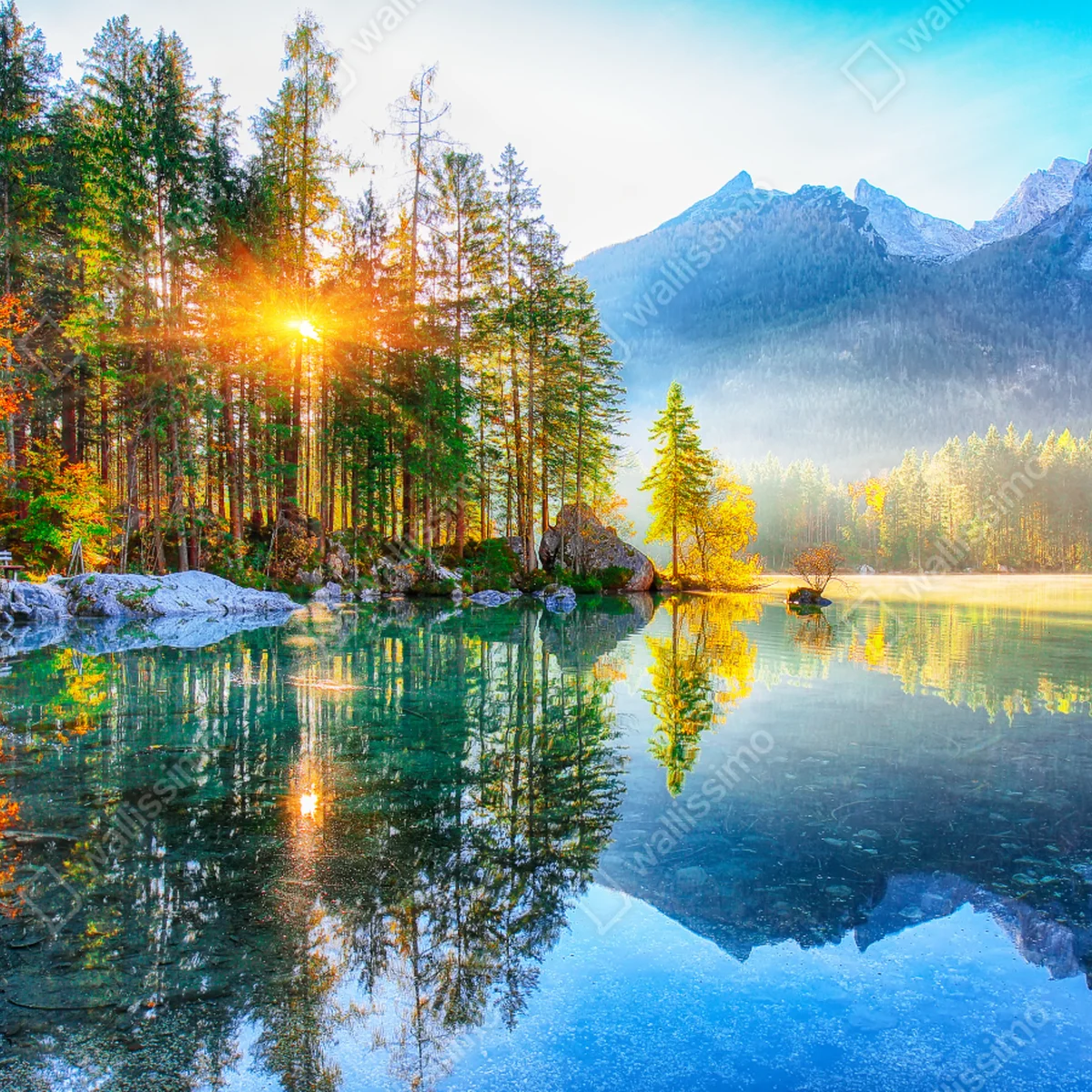 Repositionierbarer Aufkleber Hintersee herbstlicher sonnenaufgang über dem türkisfarbenen see Repositionierbarer Aufkleber Hintersee herbstlicher sonnenaufgang über dem türkisfarbenen see