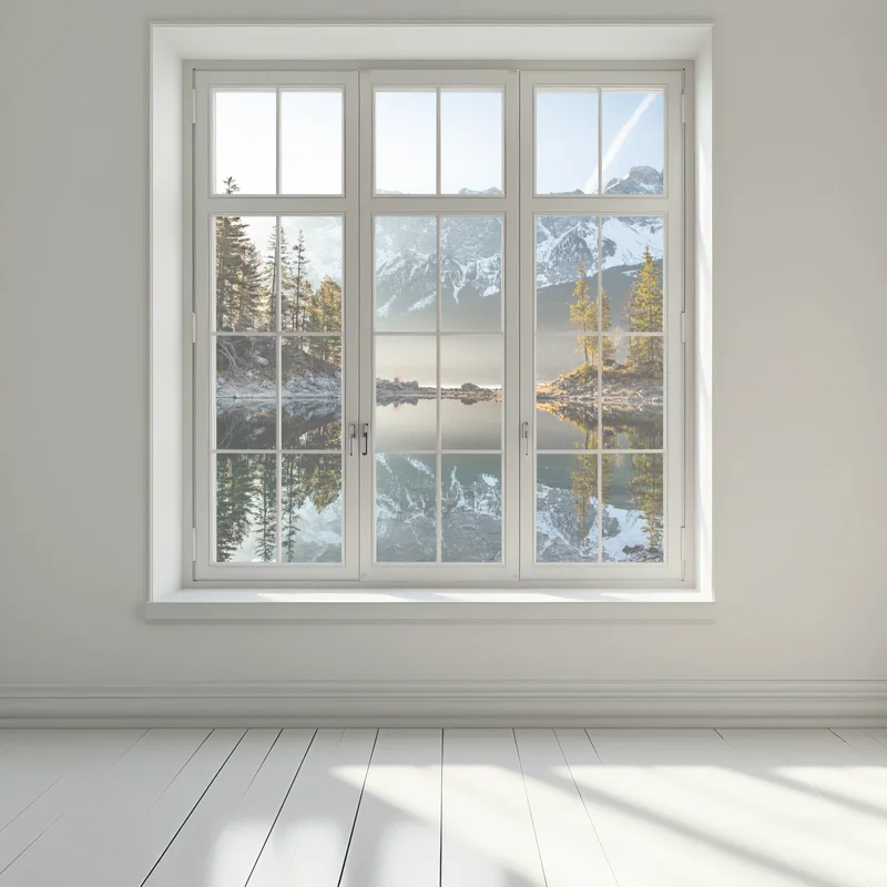 Naklejka na okno odbicie górskie na jeziorze o poranku