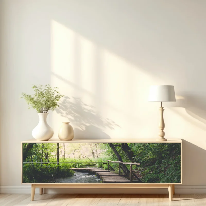 Repositionierbarer Aufkleber ruhiger hölzerner steg durch grünen wald