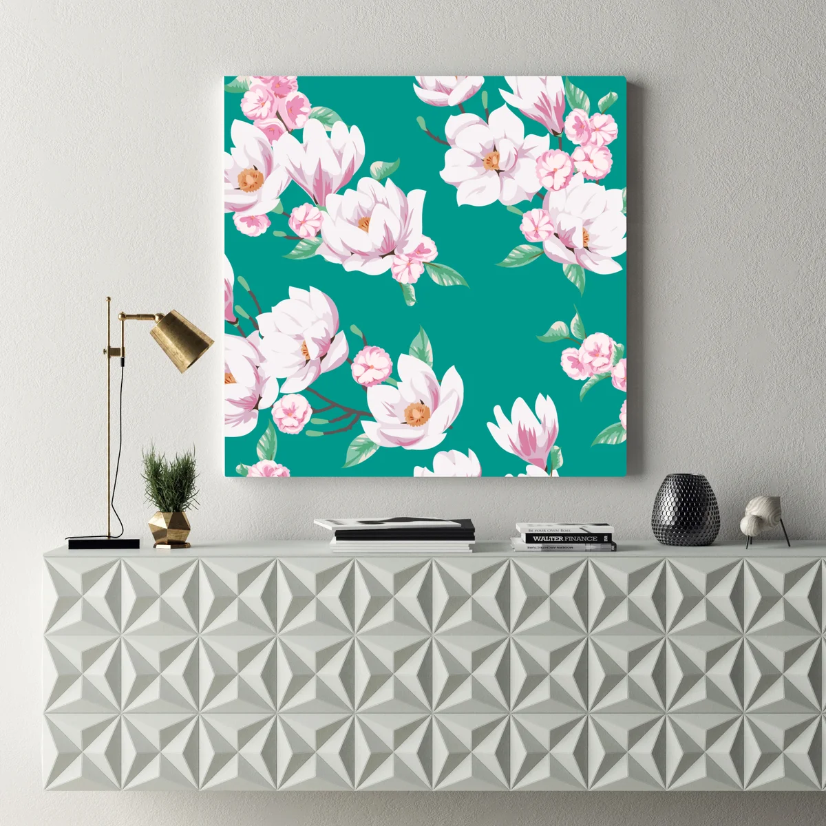 Leinwandbild pastell magnolienmuster auf türkisfarbenem hintergrund Leinwandbild pastell magnolienmuster auf türkisfarbenem hintergrund