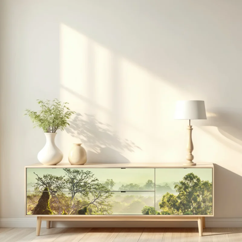 Repositionierbarer Aufkleber nebliger dschungel in Vietnam bei sonnenaufgang