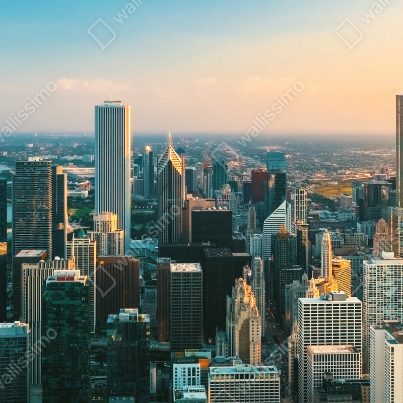 Naklejka na okno Chicago panorama miasta o zachodzie słońca Naklejka na okno Chicago panorama miasta o zachodzie słońca