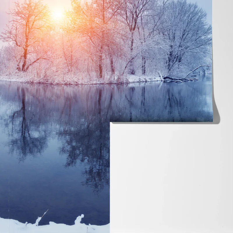 Fototapete winterliche flusslandschaft bei sonnenuntergang Fototapete winterliche flusslandschaft bei sonnenuntergang