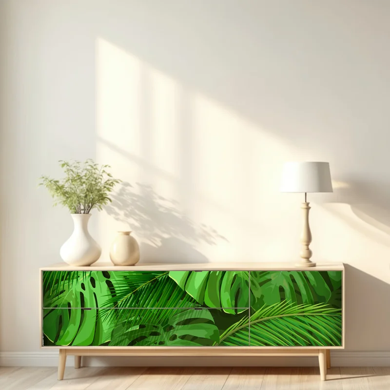 Repositionierbarer Aufkleber üppige tropische monstera- und palmenblätter Repositionierbarer Aufkleber üppige tropische monstera- und palmenblätter