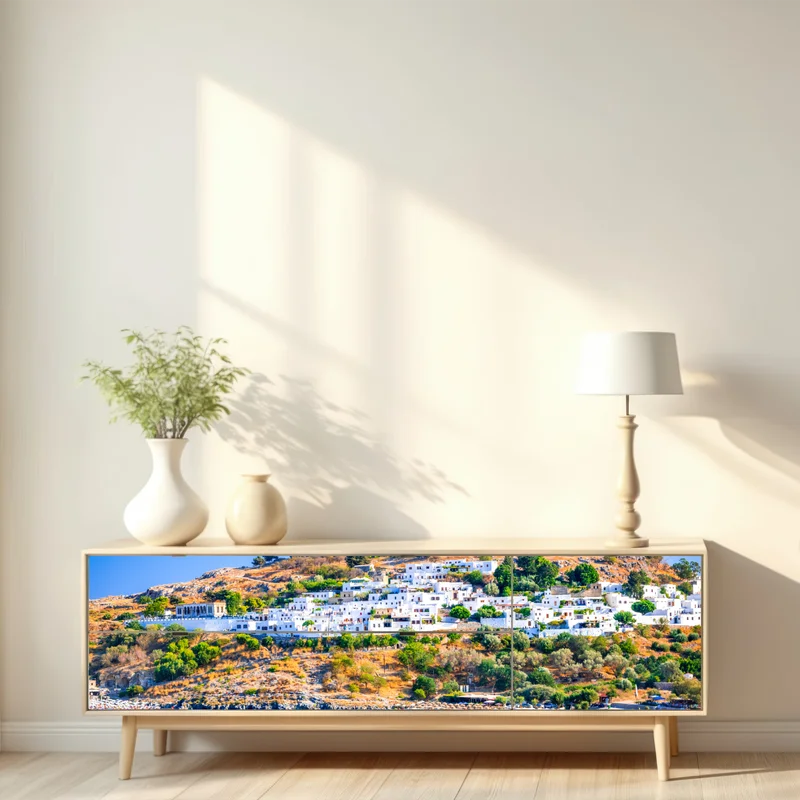 Repositionierbarer Aufkleber Lindos: akropolis über dem weißen dorf, Rhodos Repositionierbarer Aufkleber Lindos: akropolis über dem weißen dorf, Rhodos