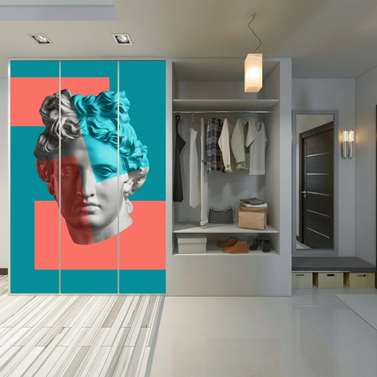 Schrankaufkleber duotone klassische büste im collage-stil Schrankaufkleber duotone klassische büste im collage-stil