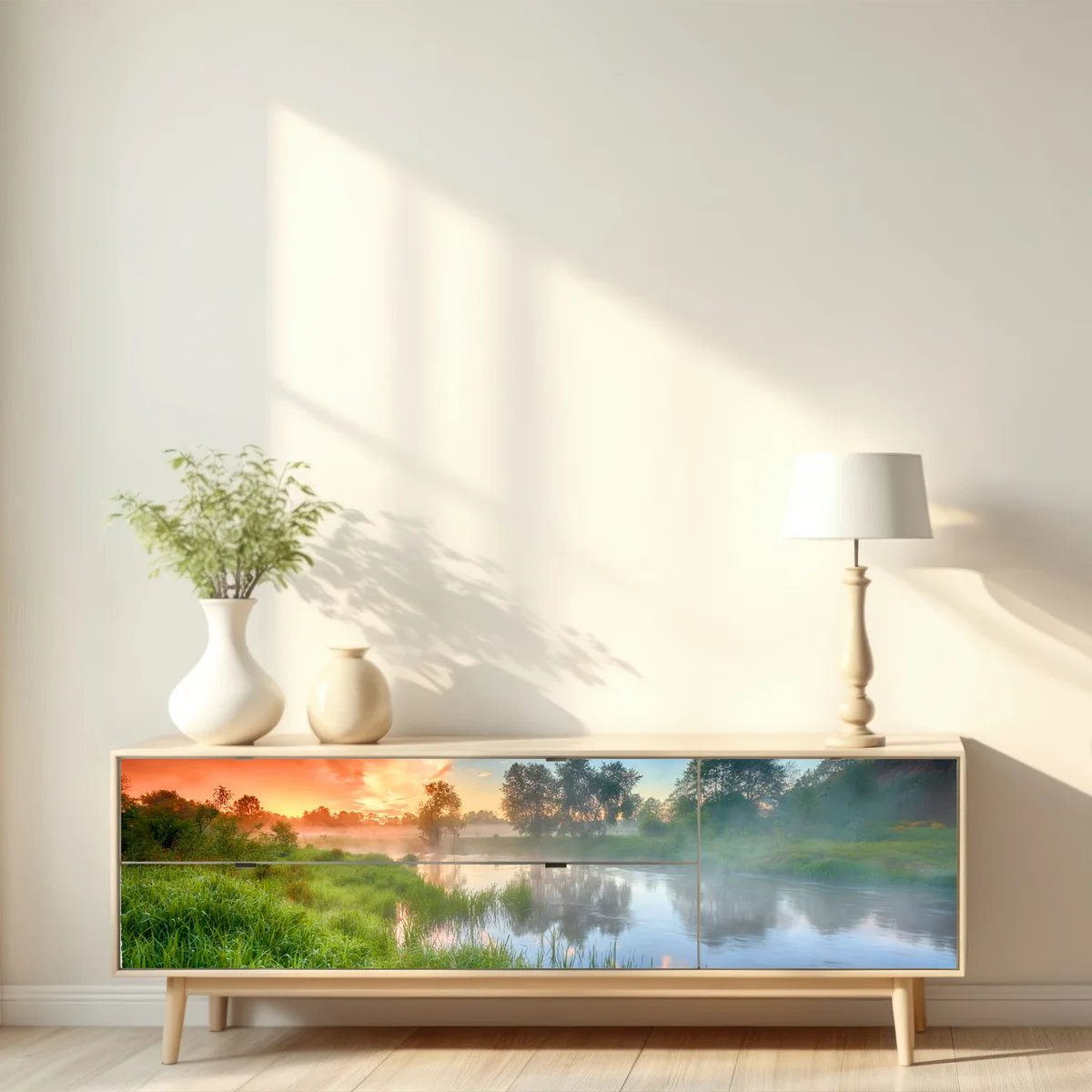 Repositionierbarer Aufkleber nebel bei sonnenaufgang am flussufer Repositionierbarer Aufkleber nebel bei sonnenaufgang am flussufer