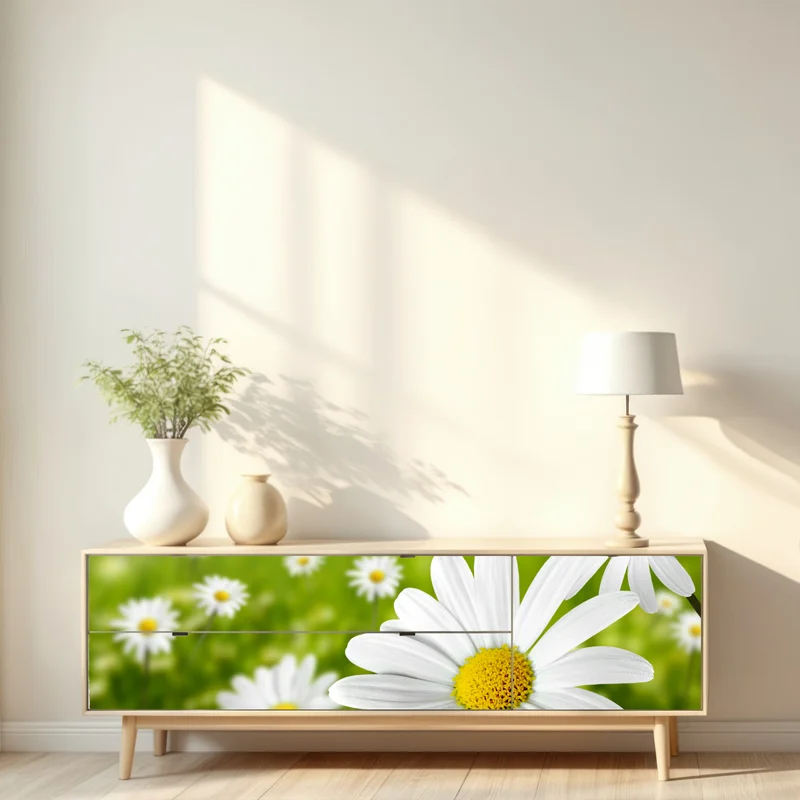 Repositionierbarer Aufkleber weiße gänseblümchen auf der wiese