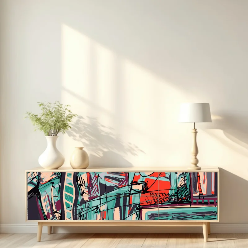 Repositionierbarer Aufkleber türkis-korall abstrakte komposition