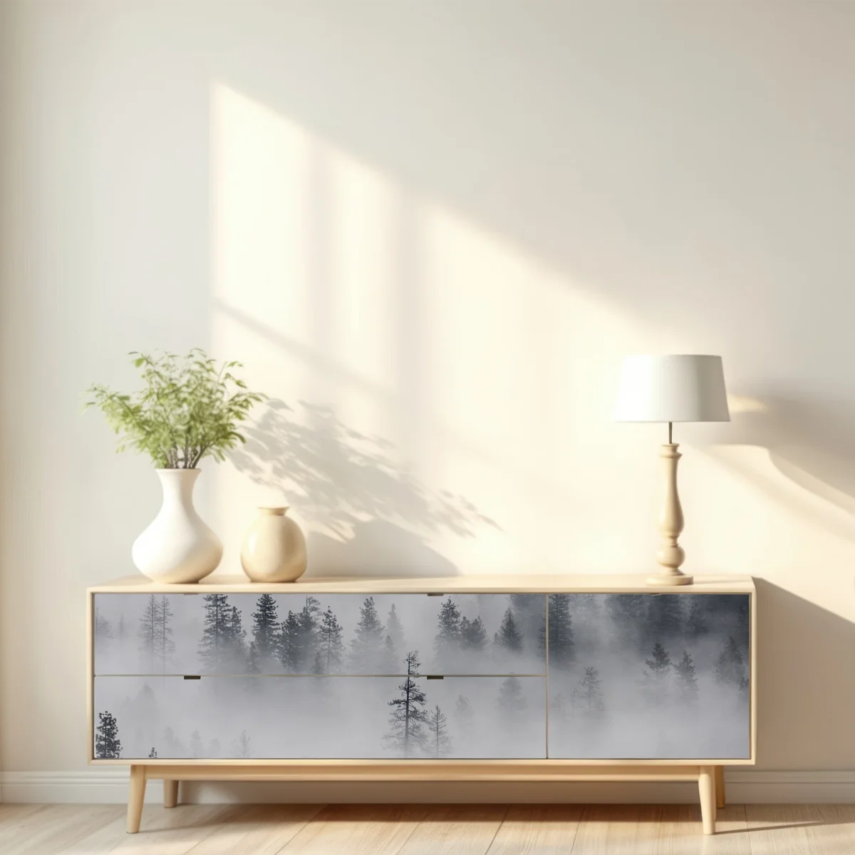 Repositionierbarer Aufkleber nebeliger kiefernwald Repositionierbarer Aufkleber nebeliger kiefernwald