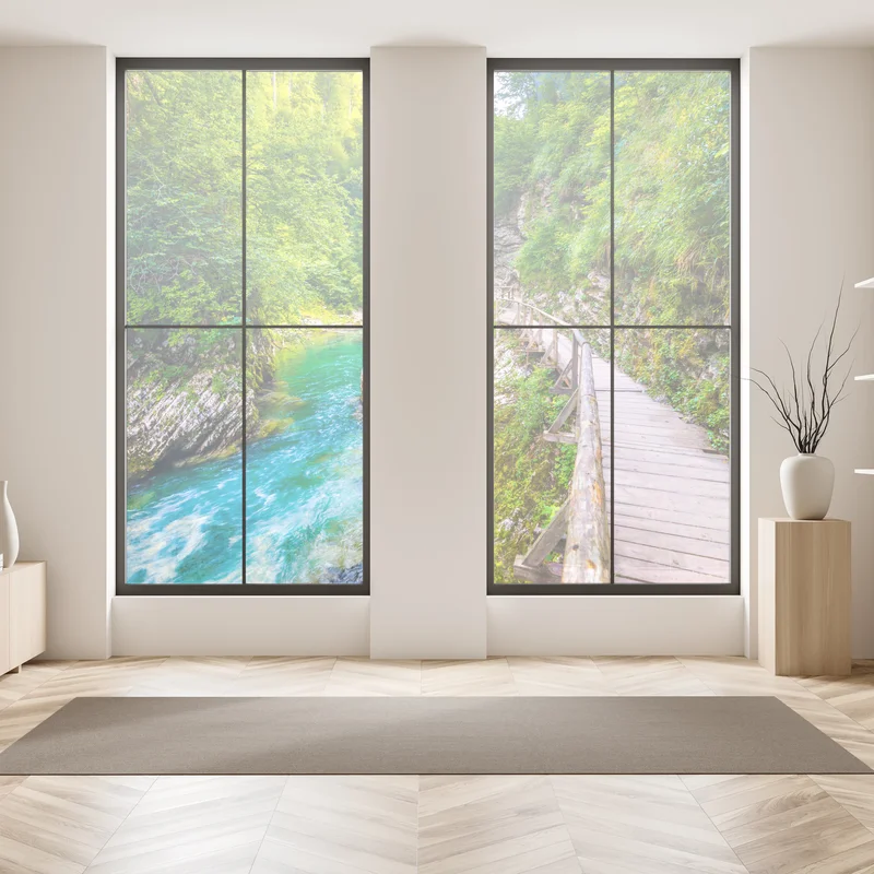 Fensteraufkleber türkisfarbener fluss und holzsteg im wald Fensteraufkleber türkisfarbener fluss und holzsteg im wald