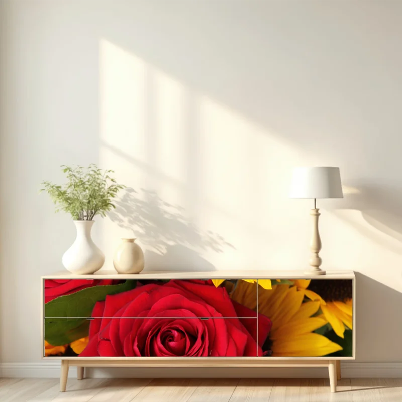 Repositionierbarer Aufkleber rote rosen und sonnenblumen im bukett Repositionierbarer Aufkleber rote rosen und sonnenblumen im bukett