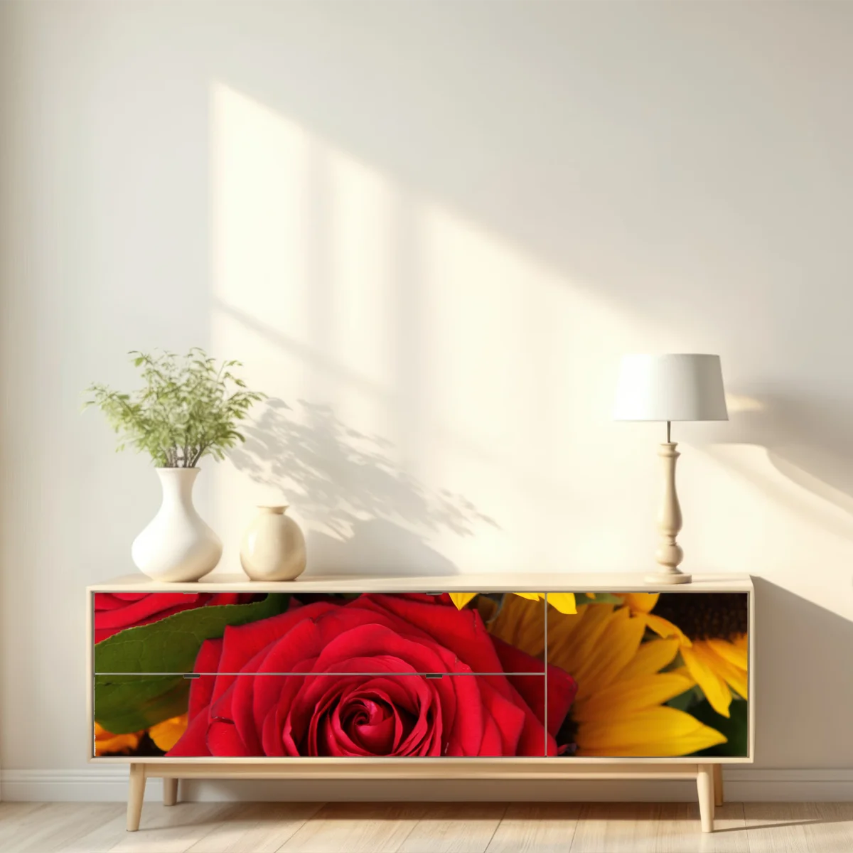 Repositionierbarer Aufkleber rote rosen und sonnenblumen im bukett Repositionierbarer Aufkleber rote rosen und sonnenblumen im bukett