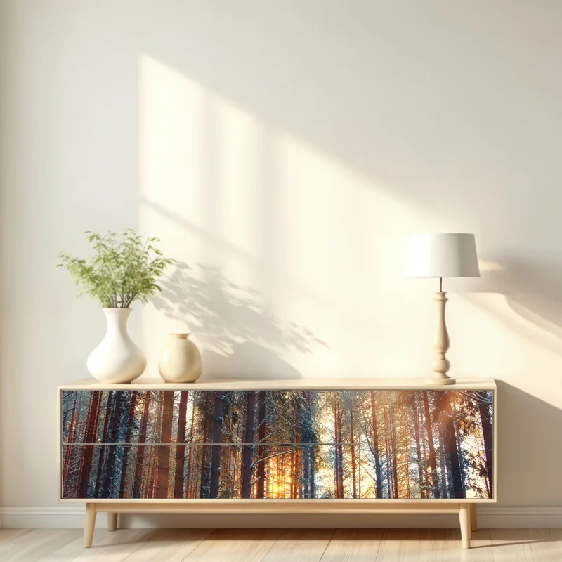 Repositionierbarer Aufkleber winterwald im morgendlichen licht