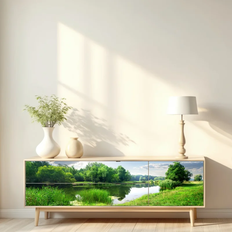 Repositionierbarer Aufkleber sonnige wiese am fluss Repositionierbarer Aufkleber sonnige wiese am fluss