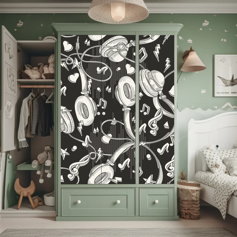 Schrankaufkleber monochromatisches muster mit kopfhörern und noten