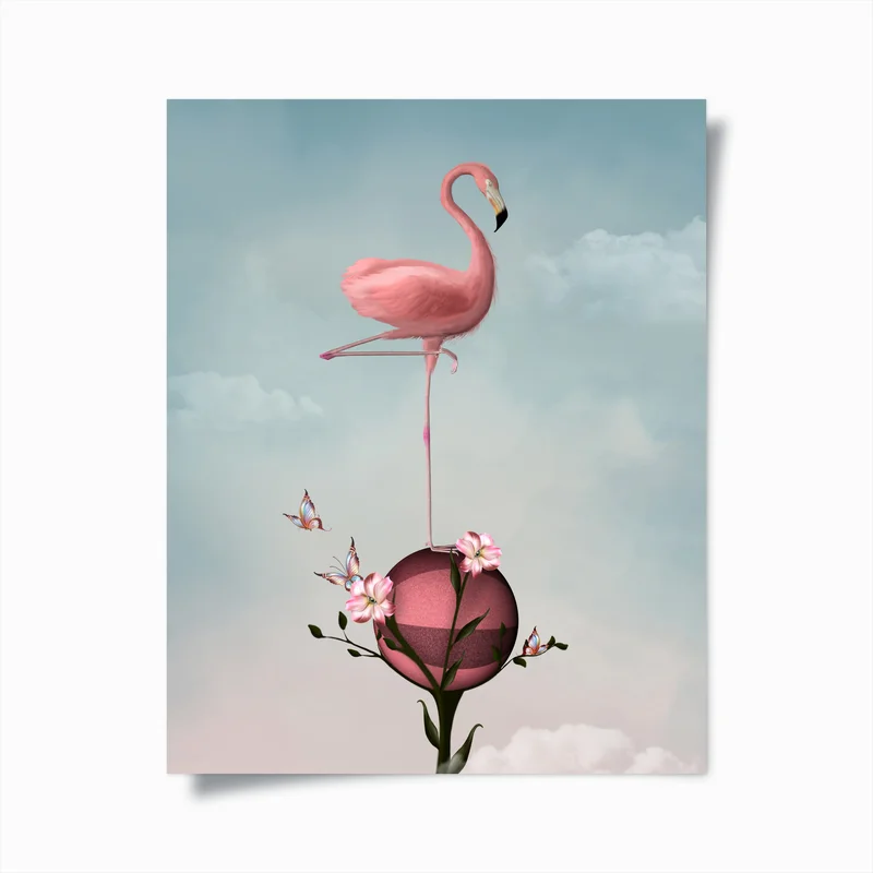 Poster rosa flamingo auf blühender kugel • Poster bei Wallnifity® Poster rosa flamingo auf blühender kugel • Poster bei Wallnifity®