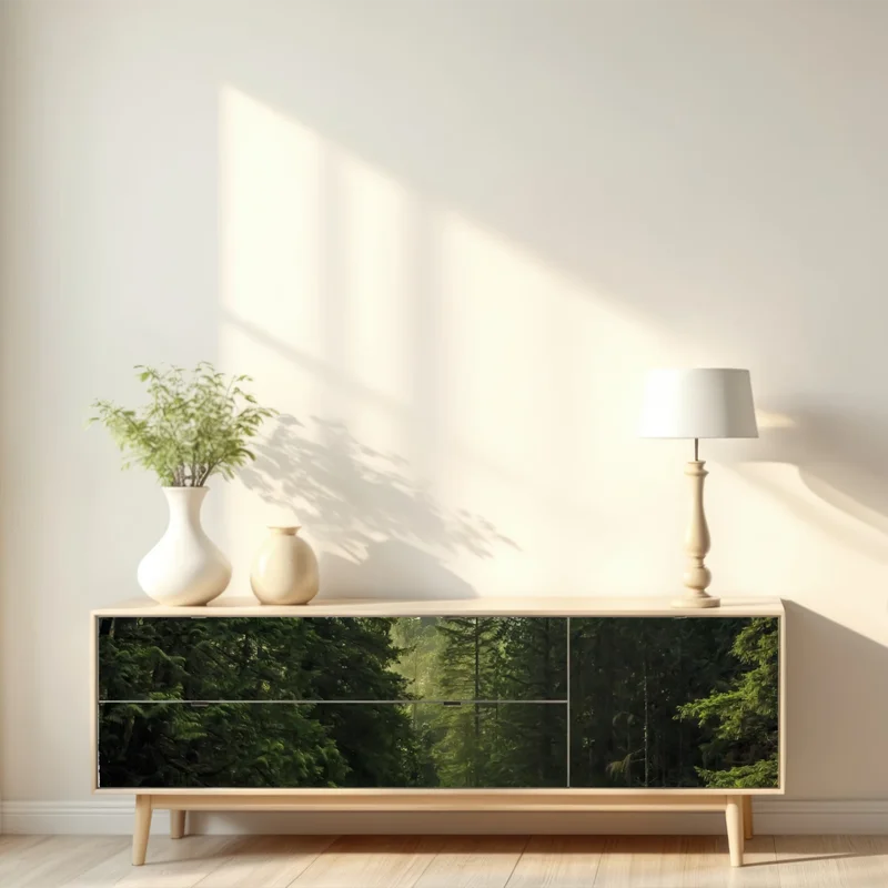 Repositionierbarer Aufkleber nebliger immergrüner wald mit wasserfall