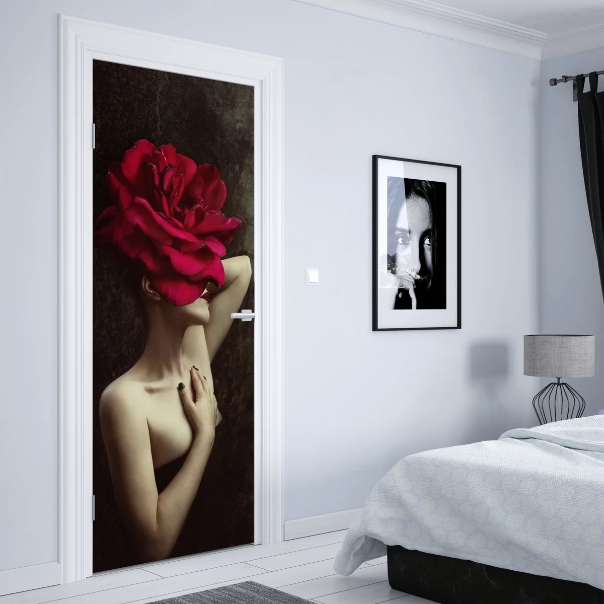 Türaufkleber frau mit rosenkopf surreales blumenporträt Türaufkleber frau mit rosenkopf surreales blumenporträt