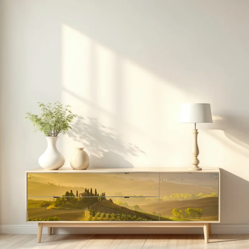 Repositionierbarer Aufkleber nebliger morgen über Val d'Orcia