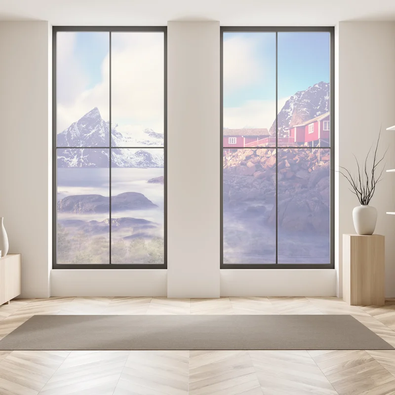 Fensteraufkleber küstengebirge mit roten hütten