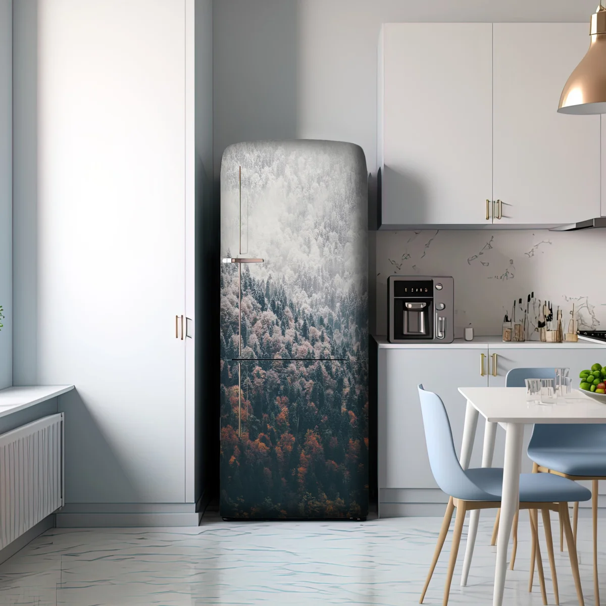 Kühlschrankaufkleber nebliger herbstwald am schneebedeckten berg Kühlschrankaufkleber nebliger herbstwald am schneebedeckten berg