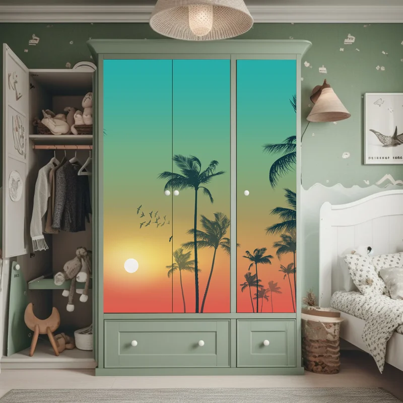 Schrankaufkleber tropischer sonnenuntergang mit palmensilhouetten